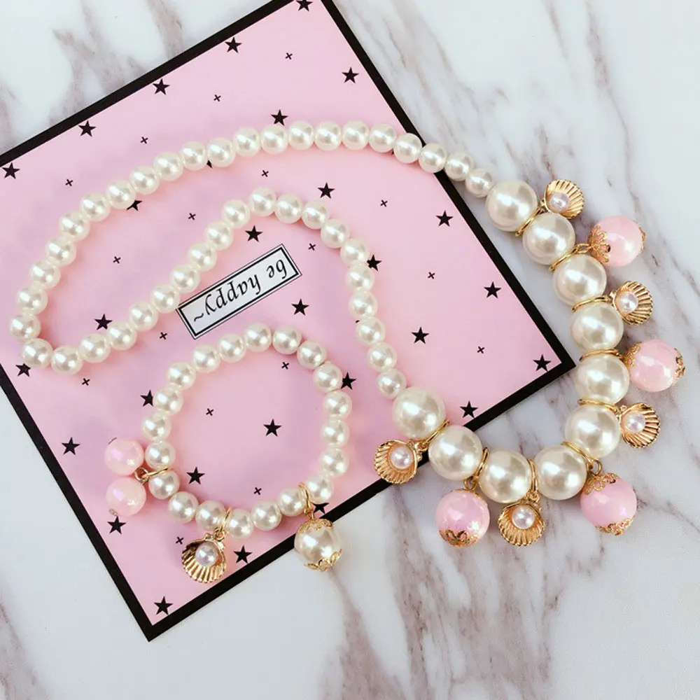 

fashion handmade ABS chunky pearl beads beaded children jewelry sets toddler necklaces and bracelet for girls, White