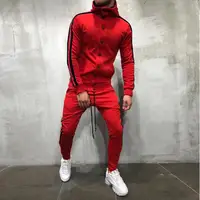 

Hot Sale Red Tracksuit Patchwork Long Sleeve Striped Casual Two-piece Set With Hood For Men