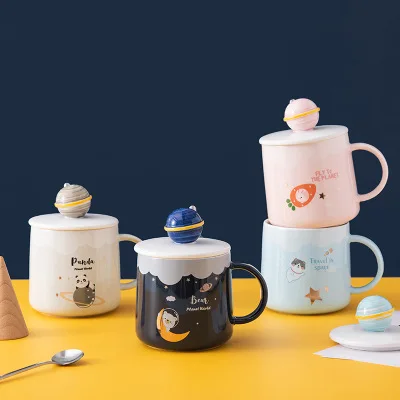 

creative cute ceramic milk coffee mug with lid cartoon planet water tea cup, As the picture show