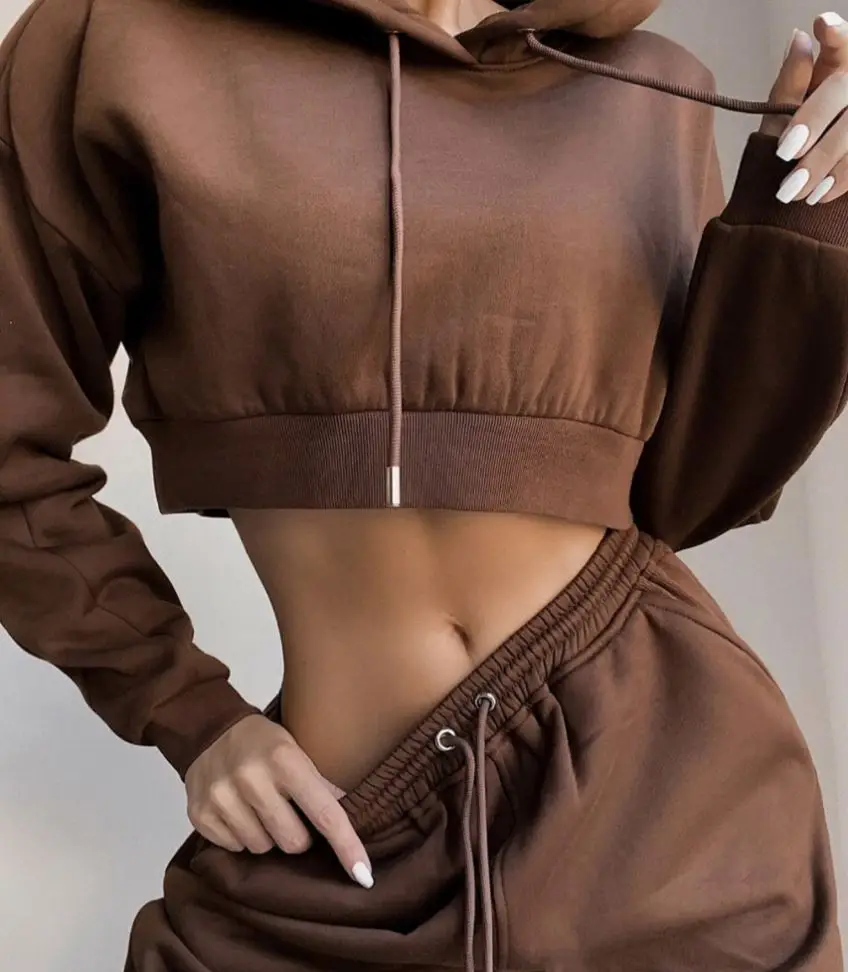 

2021 Autumn winter knit two piece set women clothing joggers crop top hoodie 2 piece outfits, White,gray,brown