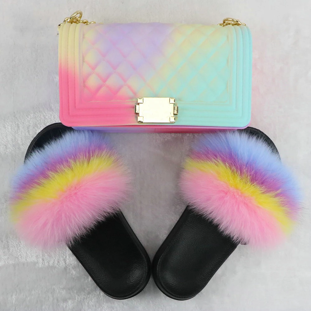 

Women fox fur slides with matching jelly bag handbag and purses sets vendors for women
