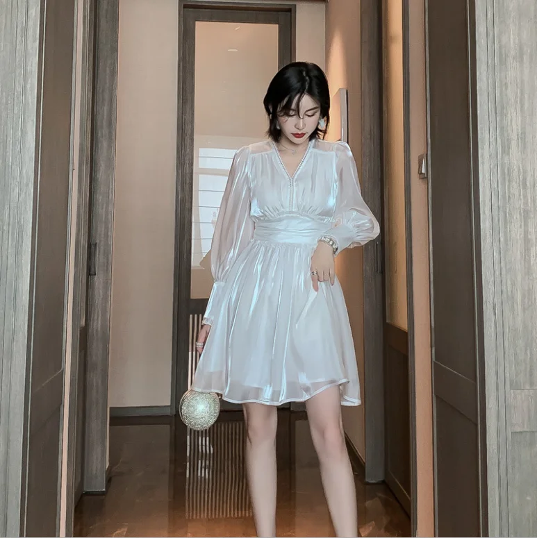

New Fashion Women Classic Dress Sexy Bright V-Neck Lantern Sleeve High Waist A-Line Dress Evening Prom Mini Dress