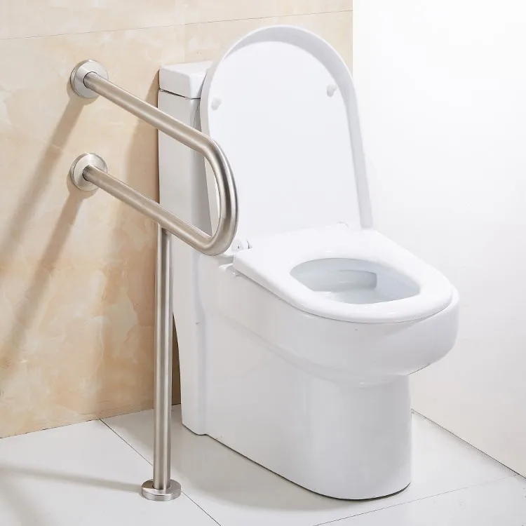 safety-bathroom-grab-bars-7W001-brushed-stainless-side-view-single-wall-two-disc-flanges-floor-leg