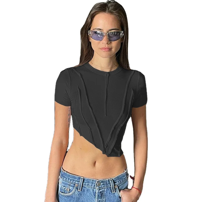 

2021 new arrivals New Designs sexy solid color top with Round neck elegant ribbed patchwork long sleeve crop top