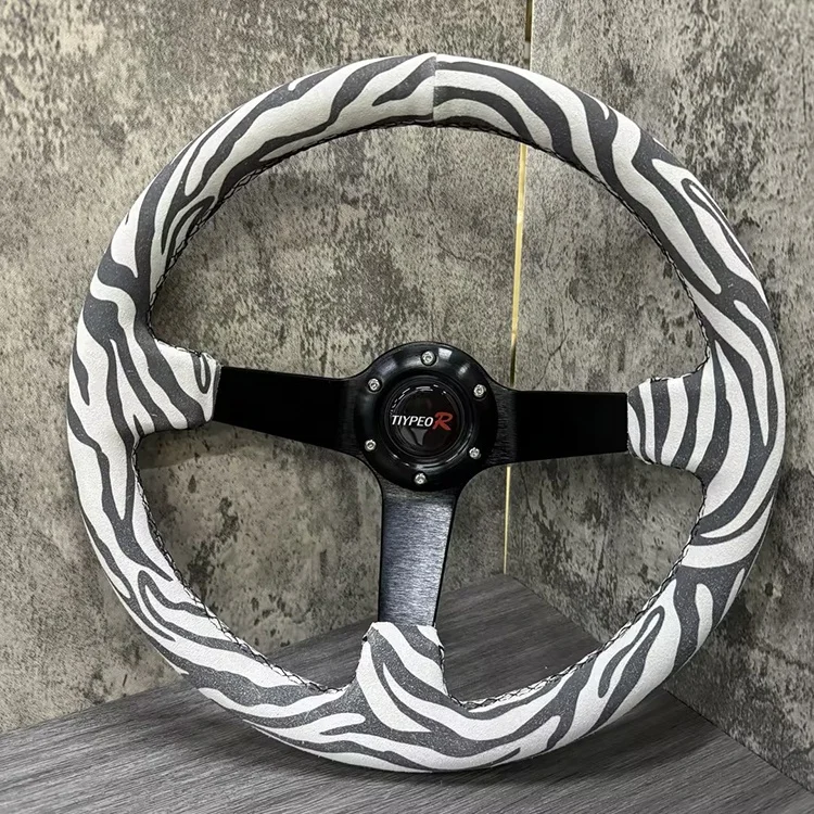 Customized 350mm white zebra patterned perforated bracket steering wheel suede sports modified car steering wheel