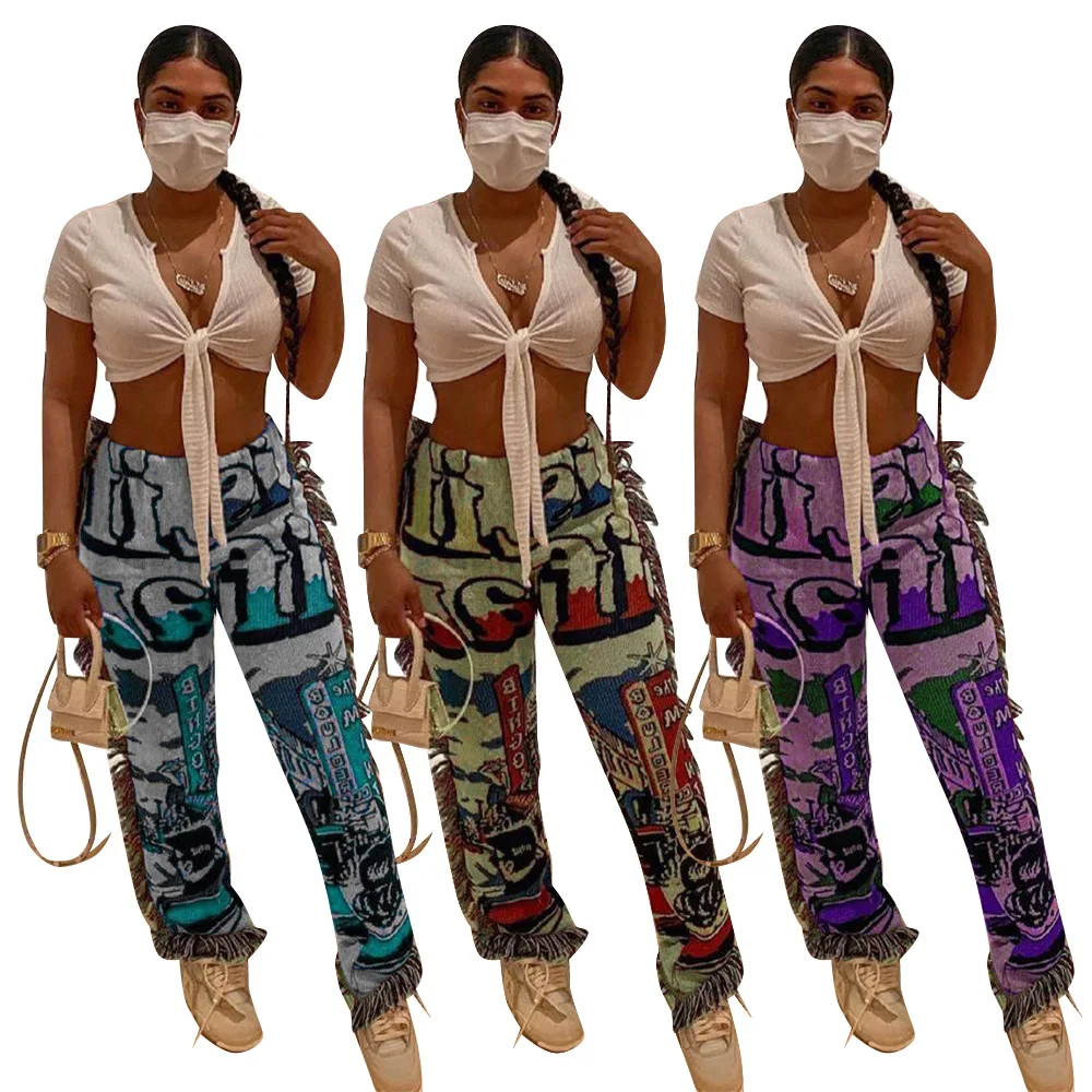 

Newest Design Fashionable rug pants Floral Print Fringe Stretchy Pants Women Wide Leg woman pants with fringe
