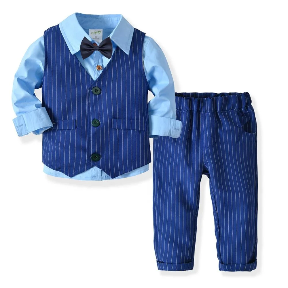 

B60461A Boy's long sleeve shirt double waistcoat trousers gentleman's tie suit, Blue/pink/white