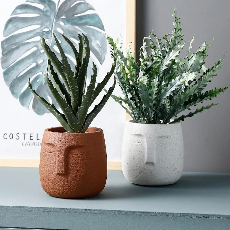 

14CM Nordic Style Cement Flower Pot Art Portrait Face Succulent Cactus Planter Pot With Vent Hole Home Decoration, As picture