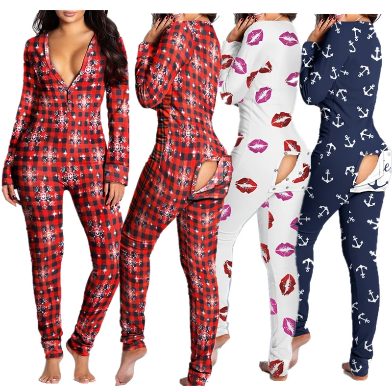 

2021 Christmas Onsies Long Sleeve Pants Onesie Pajamas New Year Romper Cartoon Sleepwear Adult Onesie With Butt Flap For Women, 20 colors