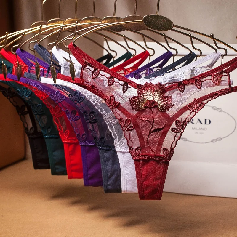 

Luxury Embroidered Thong Sexy Transparent Gauze Underwear For Women Low Waist Hot T Panty Panties, Gray,red,wine,white,purple,green,black