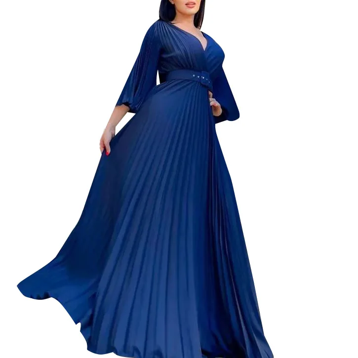 

C8478 Latest Design V-neck Three Quarter Sleeve Pleated Dress Woman Clothing Maxi Dress Ladies Gowns For Women Evening Dresses