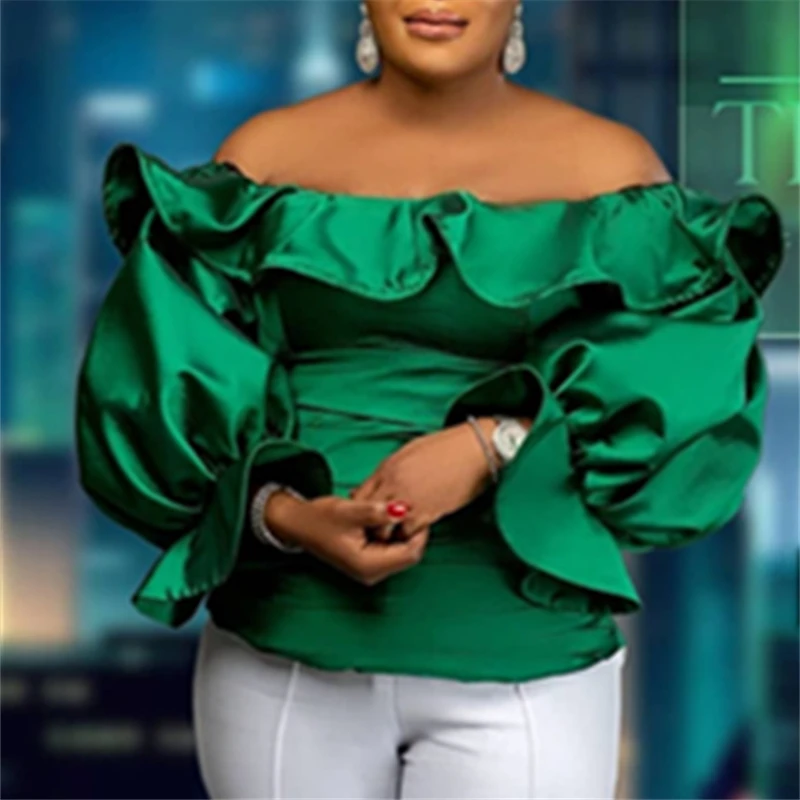 

Autumn Christmas Off Shoulder Green Ruffle Lantern Sleeves Blouse Lady