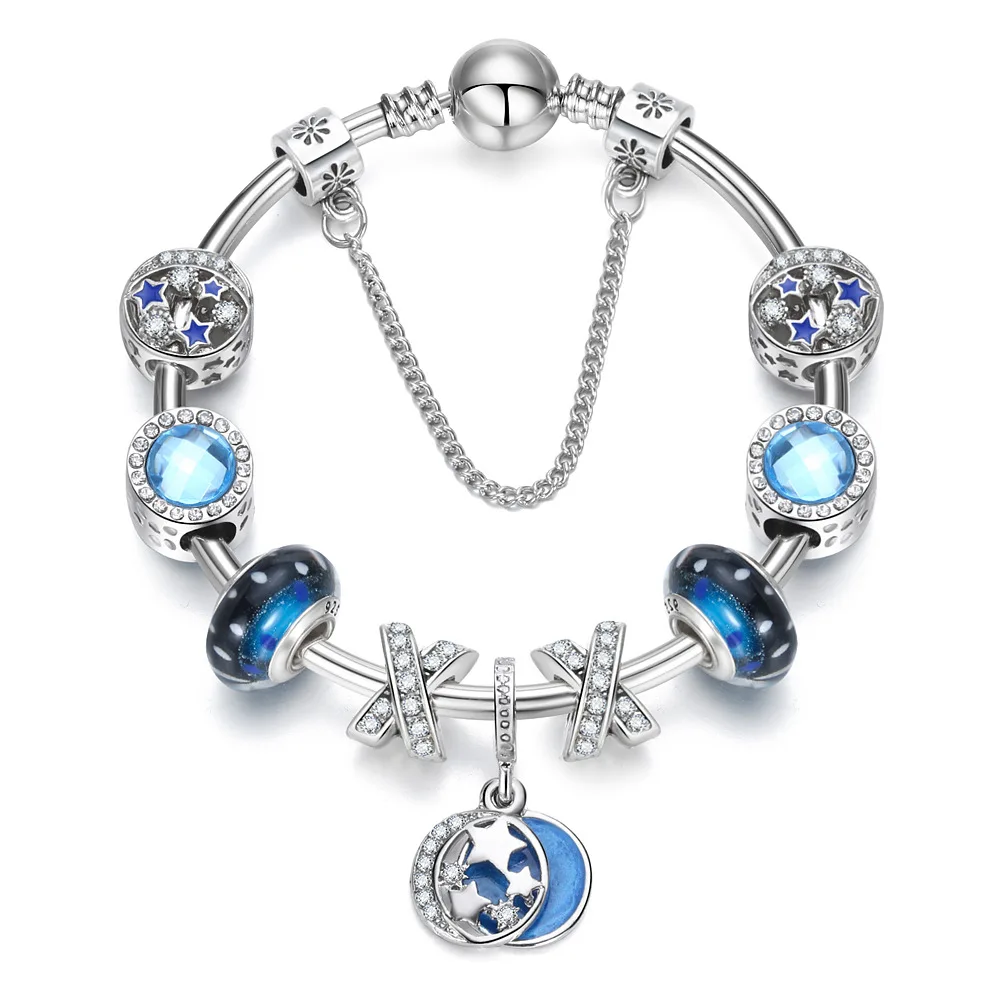 

European Popular Exquisite Austrian Crystal Beads Moon Stars Pendant Bracelet Blue Glass Rhinestone Charm Bracelet (KB8367), As picture