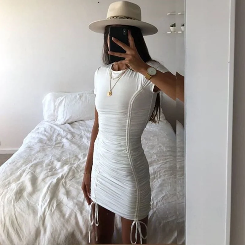 

New Style Solid Color Short Sleeve O-Neck Ruched Drawstring Slim bodycon dress 2020, As pictures
