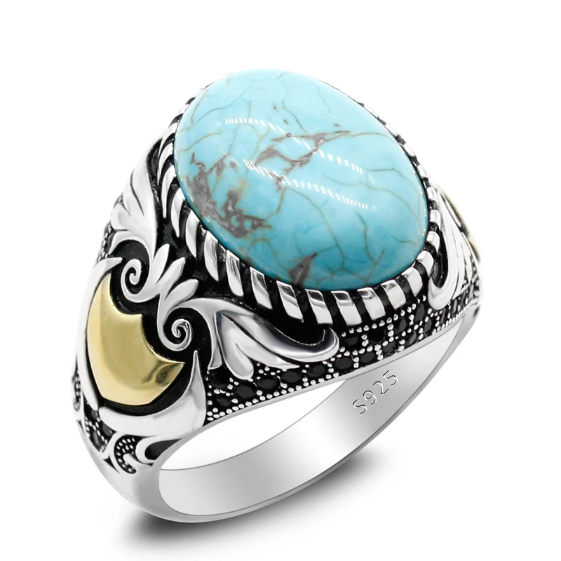 

Men's Jewelry S925 Sterling Silver Ring Inlaid Turquoise Men's Ring Fashion Jewelry European and American Style Ring Jewelry