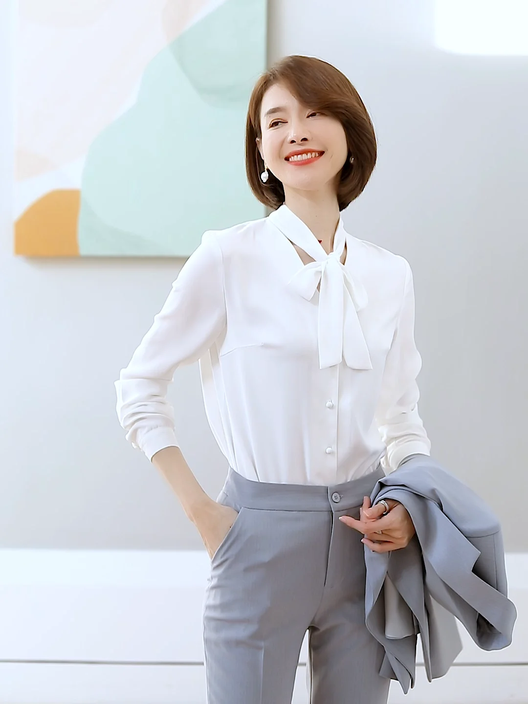 飘逸的雪纺套装蝴蝶结长袖衬衫和裤子办公室工作服女性ol长裙套装