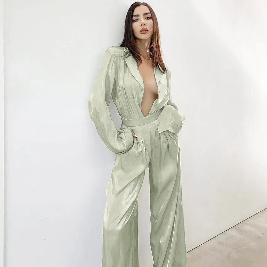 

Internet Celebrity Style Luxury Long Sleeves Silk Satin Shinny Pyjamas Set With Trousers Sleepwear Silky Satin Pajama Set, Purple, blue, green