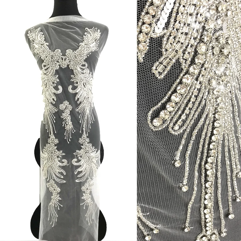 

W016 Long Sexy Handmade Clear Crystal Rhinestone Bodice Applique panel rhinestone dress applique, Gold, silver
