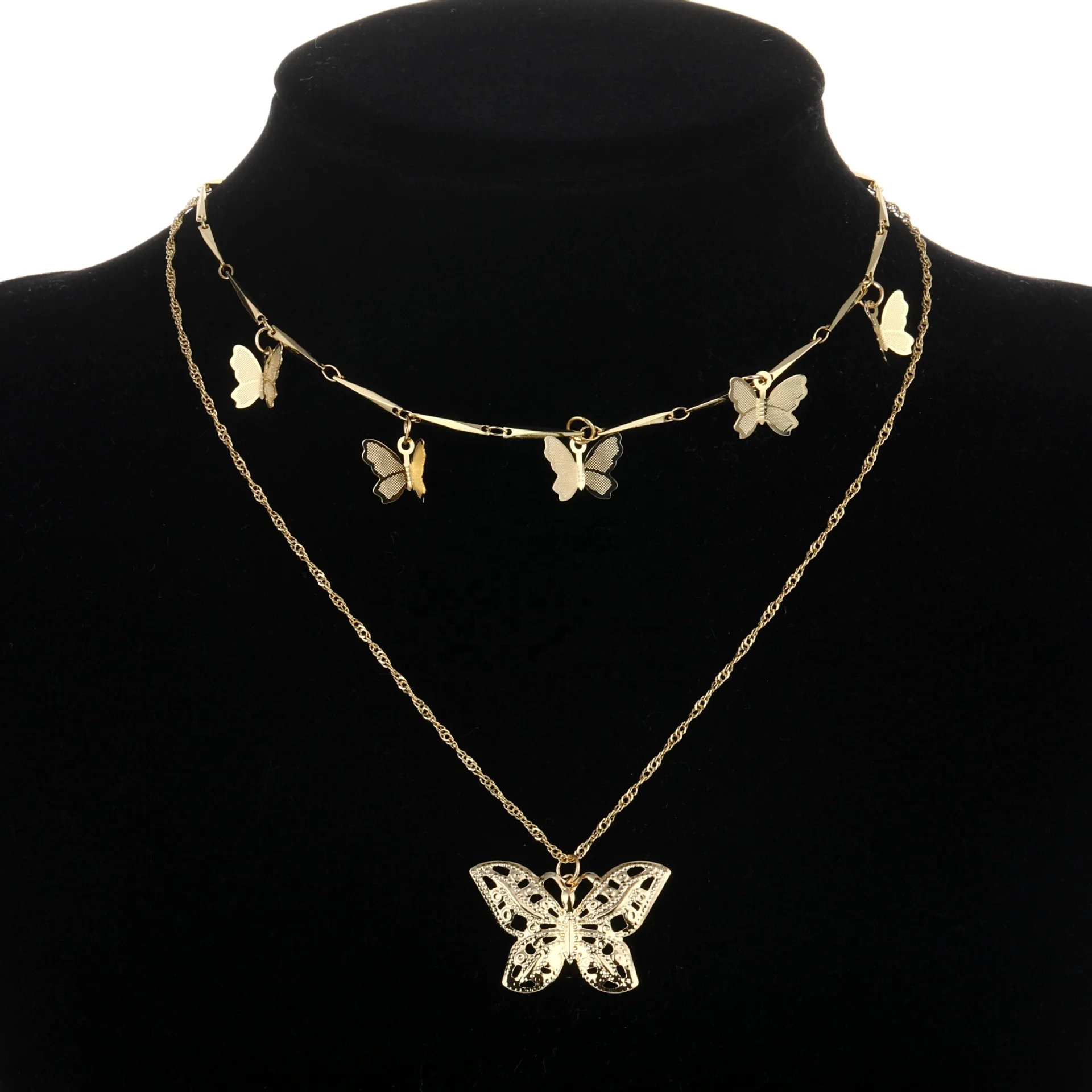 

Women fashion jewlery hiphop multi layer chunky initial gold plated chain butterfly pendant necklace sets