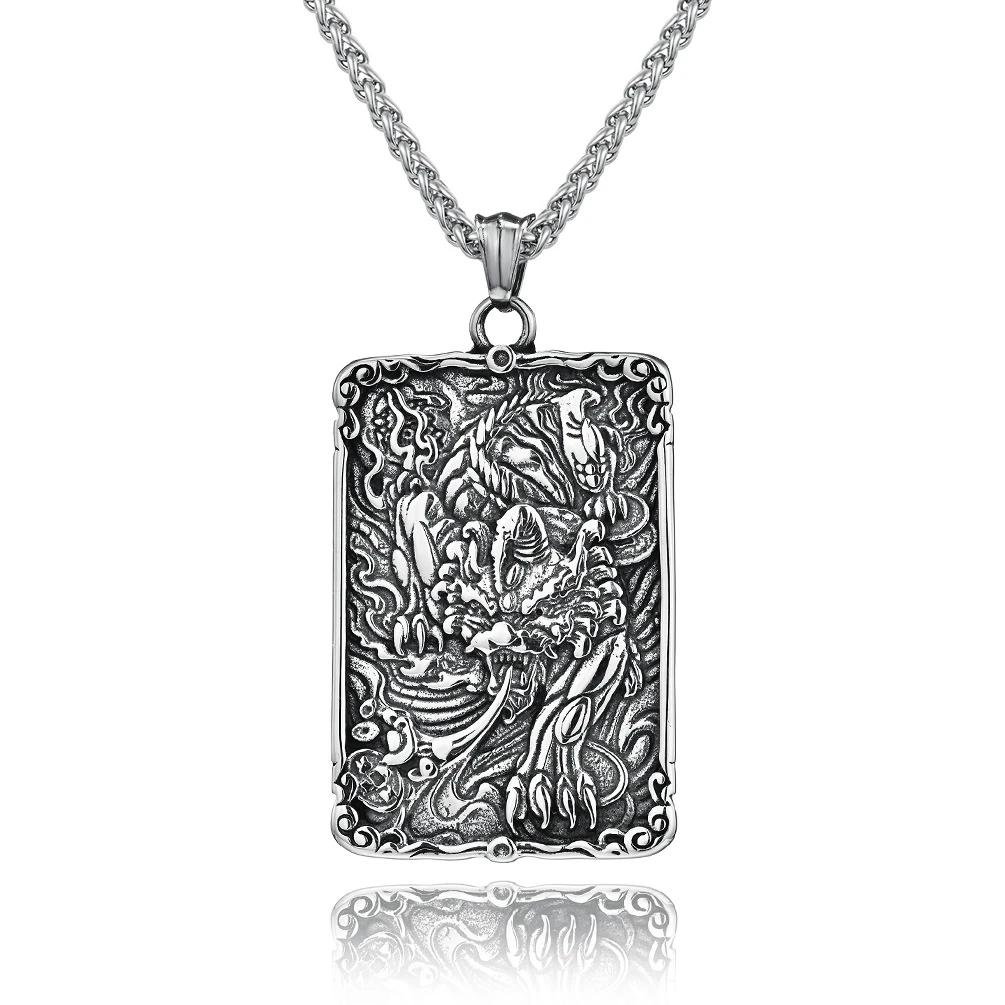 

Personality Men's Chinese Style Fashion Jewelry Stainless Steel Chain Square Brand Pixiu Totem Pendant Necklace, Like picture