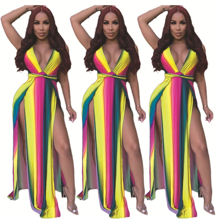

DUODUOCOLOR 2021 summer multicolor strapless split V-neck sexy rainbow print striped dress D97176