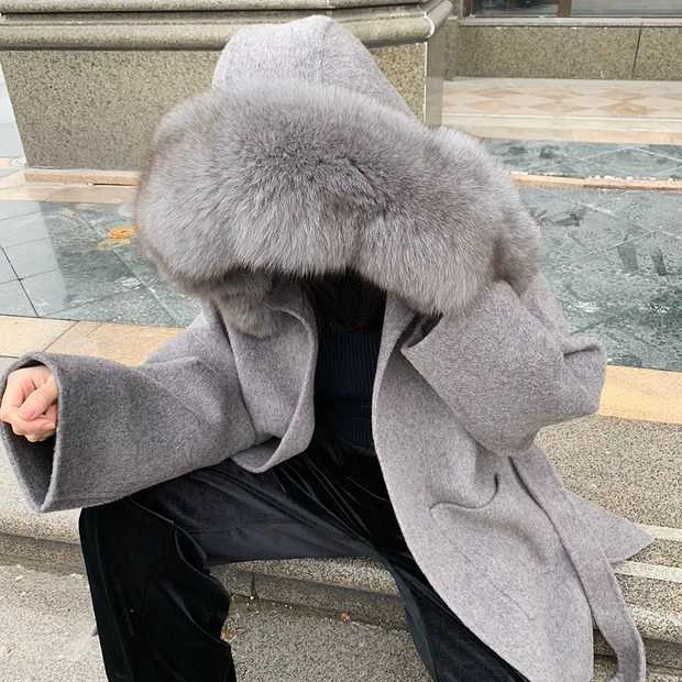 

Fashion Cashmere Fur Coat Winter Women Real Wool Fox Fur Collar Coat with Hood, Customized color