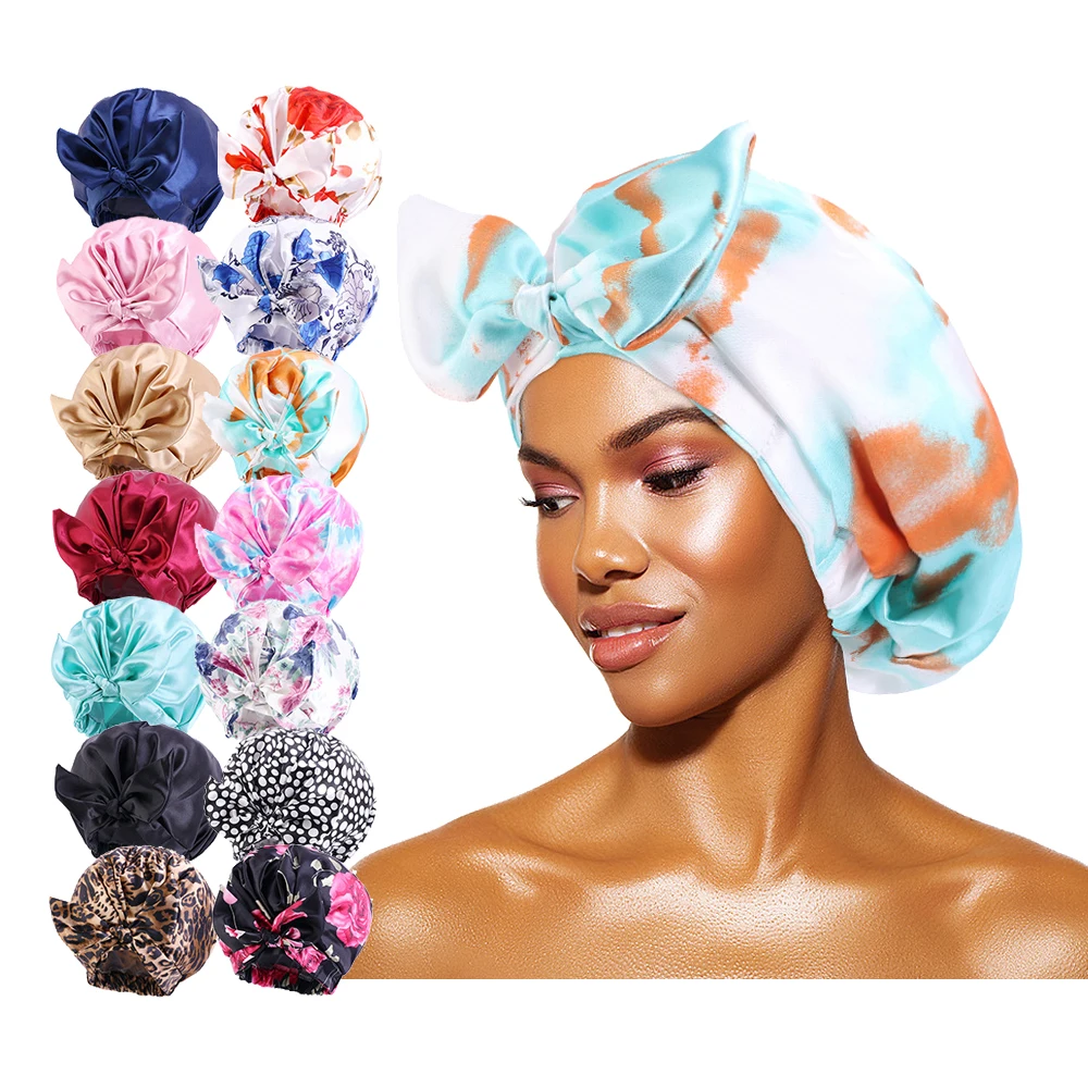 

high quality fashion sexy satin waterproof bath reusable double layer shower cap braids hair bonnet wholesale for women, 14 colors