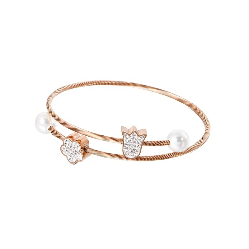 

Stainless Steel Wire Cable Bangle With Pearl Charm Bracelet in New Arrival Flower Custom Design, Customized color