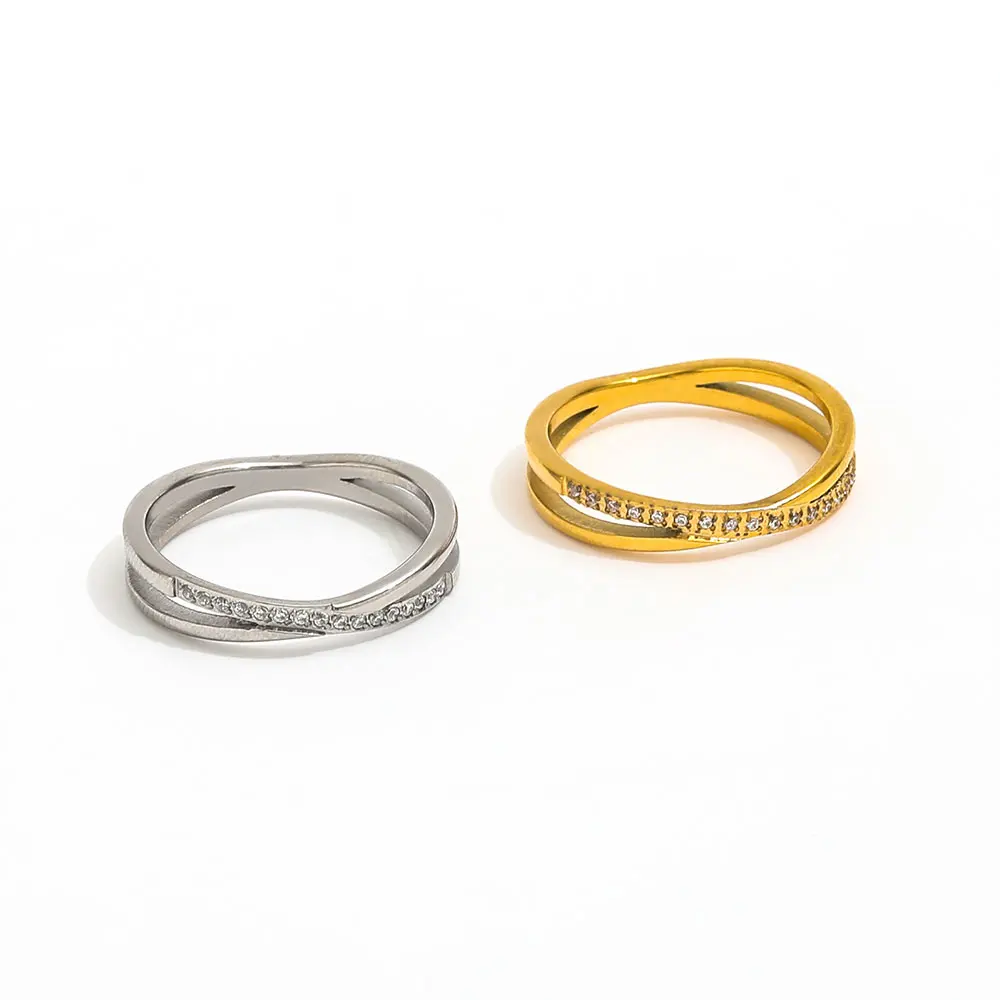 Joolim High End 18K Gold Plated Dainty Zirconia Half Pave Double-layer Cross Ring for Women Stainless Steel Trendy Jewelry