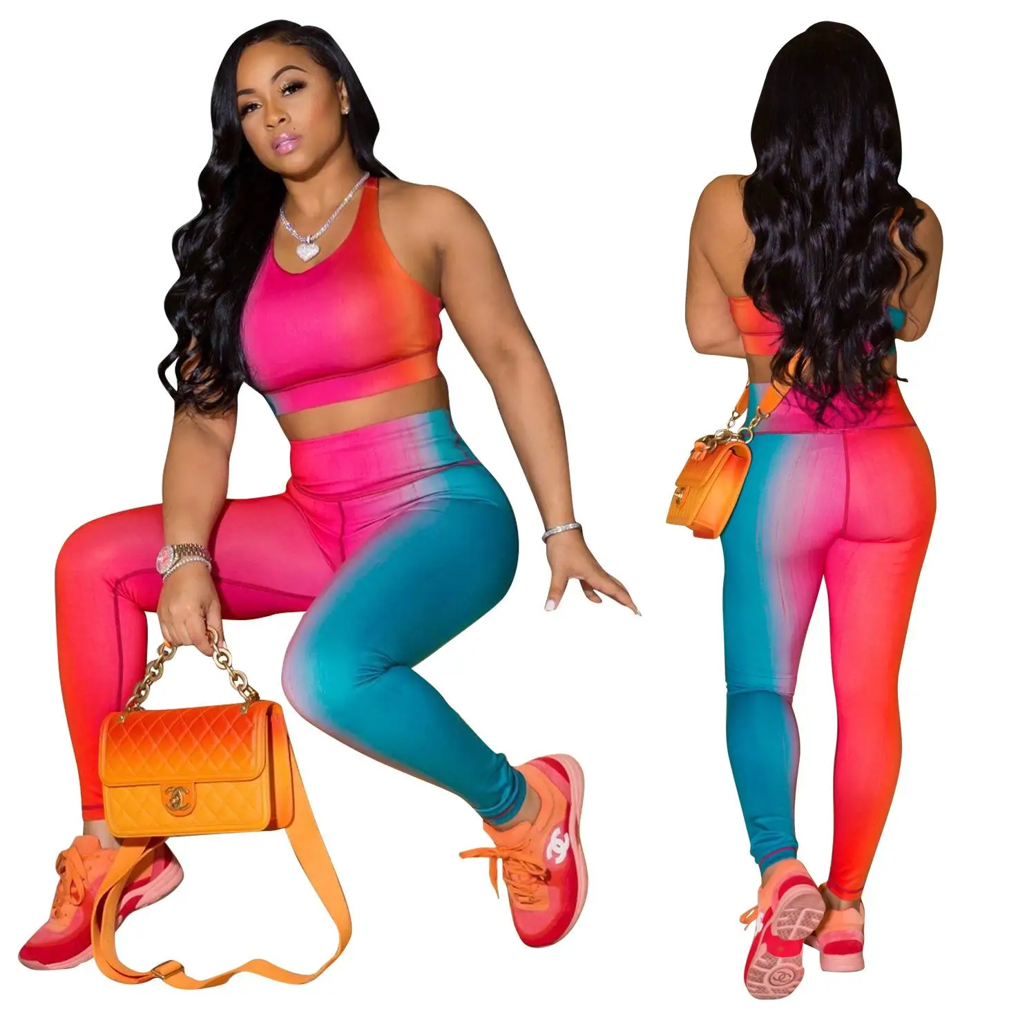 

2020 top selling tie dyed sleeveless vest pants sportswear summer women's clothing women's leisure tight two piece set
