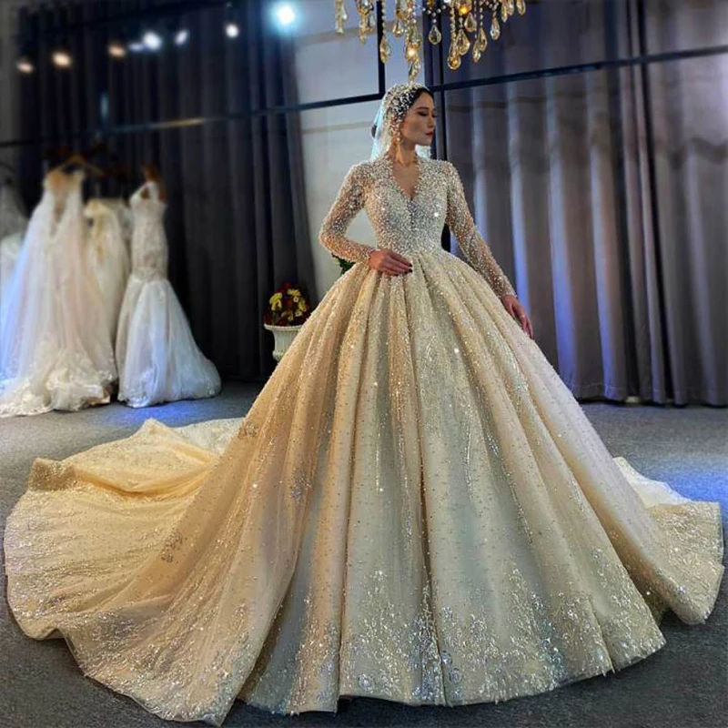 

Jancember NS4096 Boho Bling Heavy Beaded Sequins Bridal Long Sleeve Wedding Dress