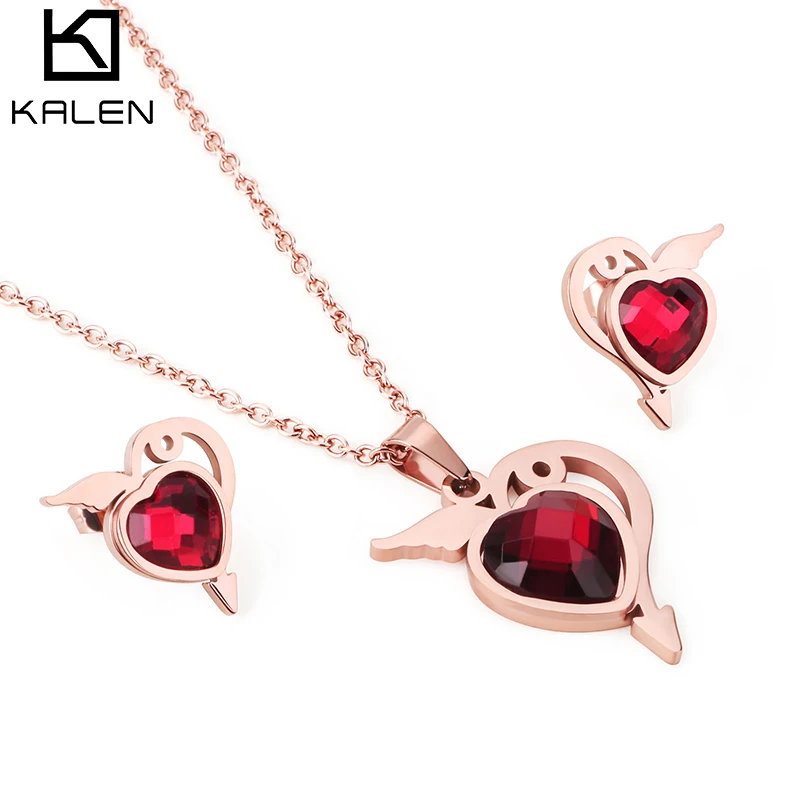 

Factory Direct Sale Jewelry Set Stainless Steel Red Heart Pendant Necklace Chain Earrings, Gold/rose gold/silver