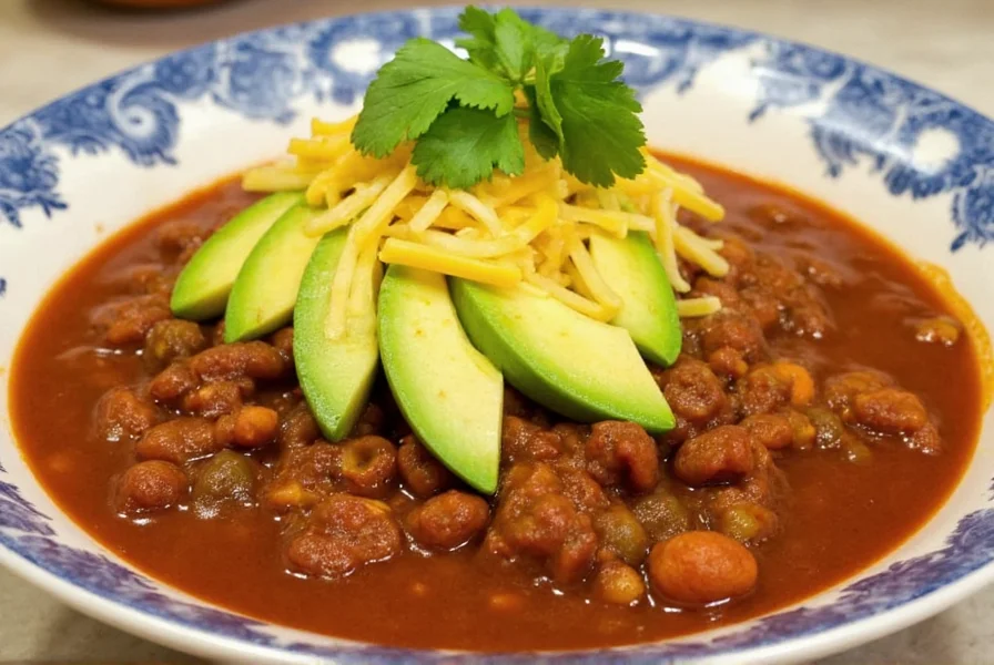 Finished meatless chili recipe served in a bowl with avocado, cheese, and cilantro toppings