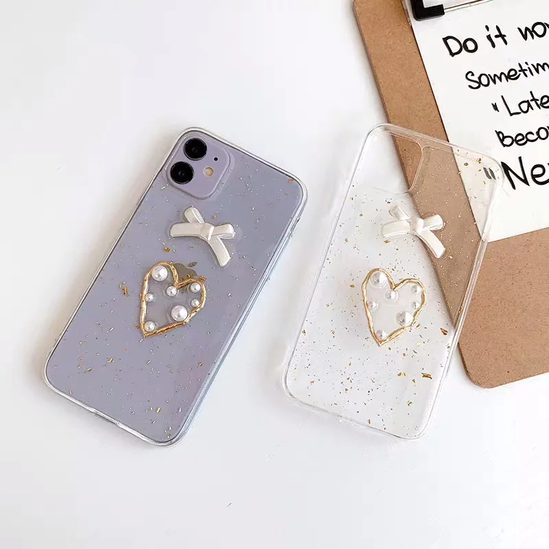 

Wholesale Luxury Heart-shaped Pearl Gold leaf Transparent Soft Tpu Epoxy Phone Case for iphone 13/12/11 7/8 6s X XR XS