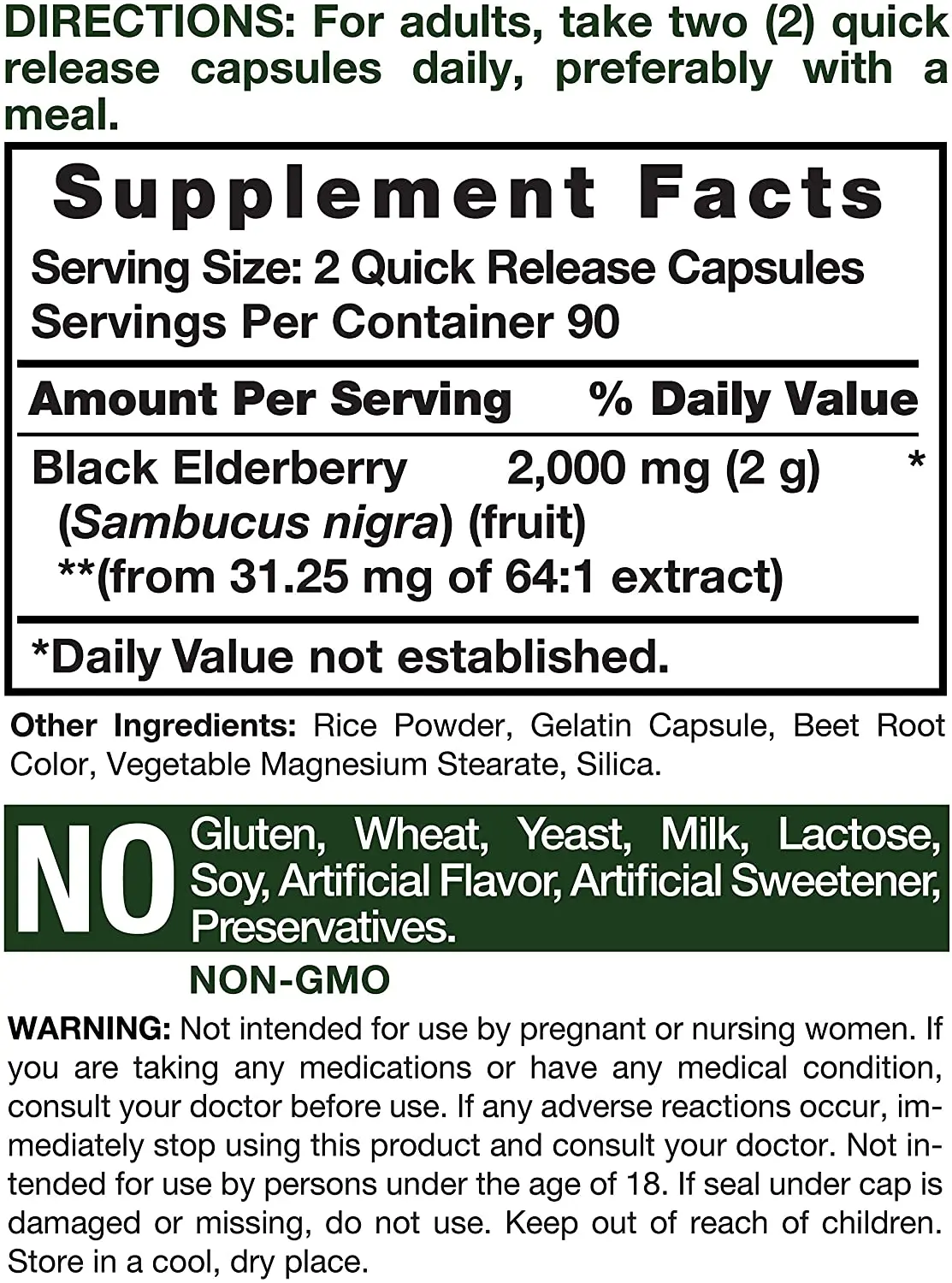 Sambucus Extract Supplement Black Elderberry Capsules 2000mg Immune Support Non-GMO Gluten Free