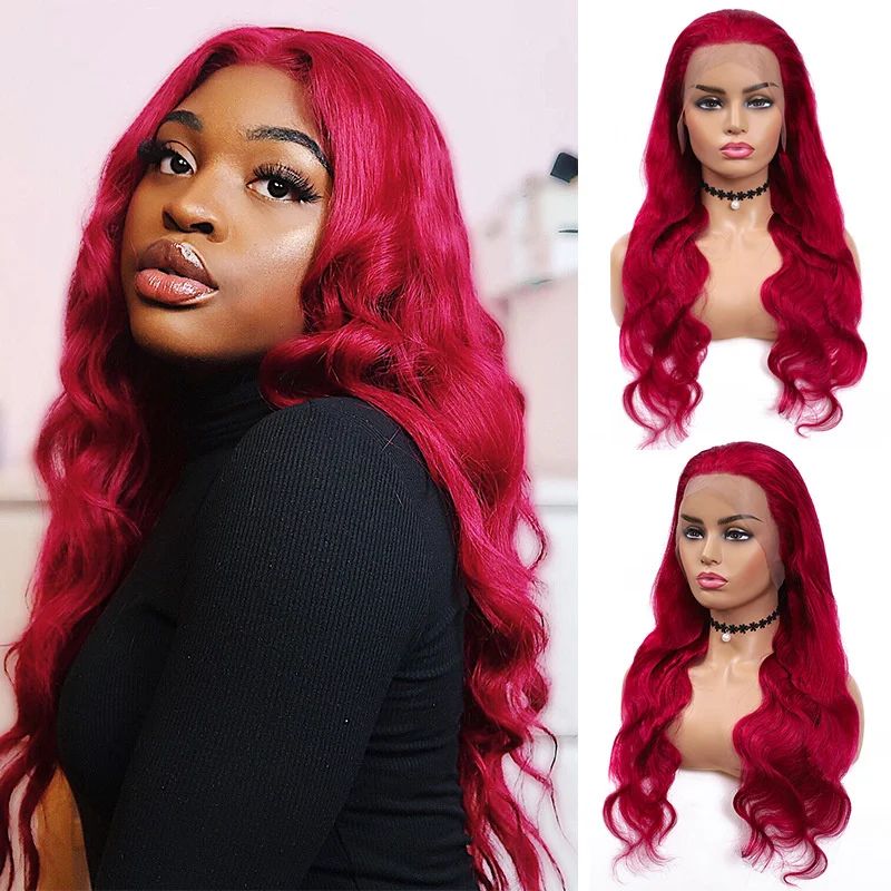 

Luxuve Wholesale Long Brazilian Hair Color Red Wine Body Wave Hair Lace Front Wigs, Cosplay Fire Red Curly Human Hair Wig