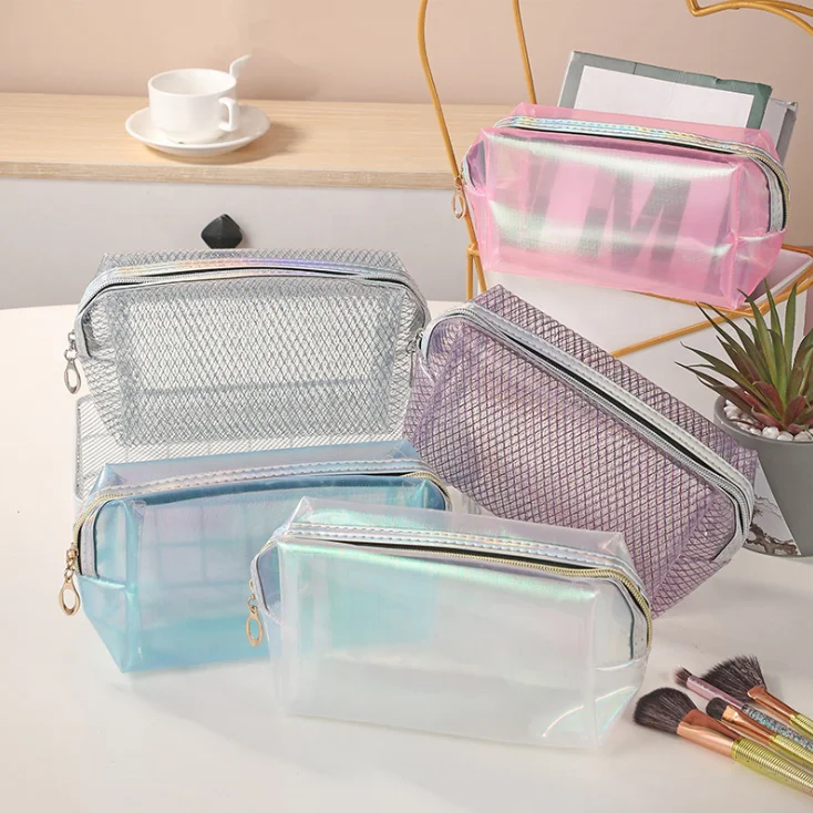 

Manufacturer Women Cosmetic Bag Makeup Organizer Pouch Bag PVC Plain Laser Washbag Beauty Zipper Pouch Makeup Storage