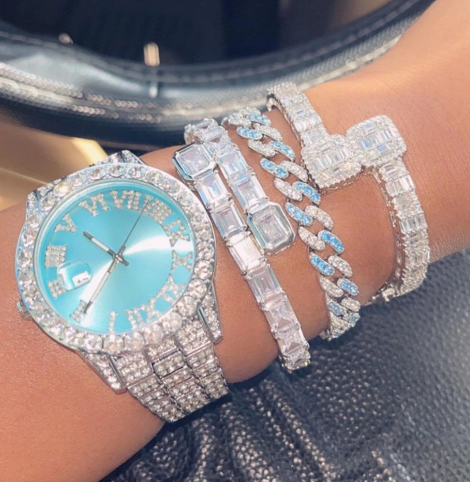 

Hip Hop Jewelry New Arrival Diamond Luxury Iced Out 3A Zircon Open Square Bangles Blue Dial Quartz Watch Jewelry Set for Women