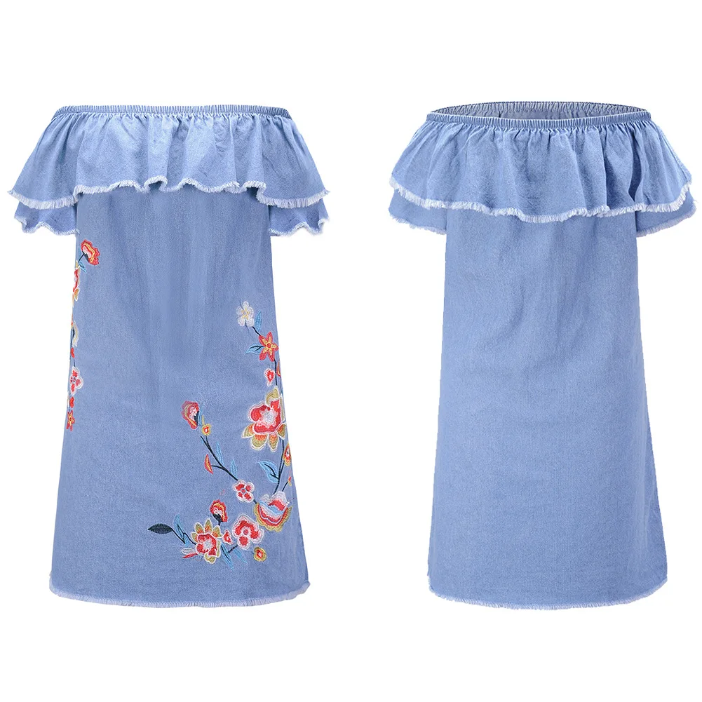 

New Style Summer Embroidered Off Shoulder Sexy Skirt Denim Dress