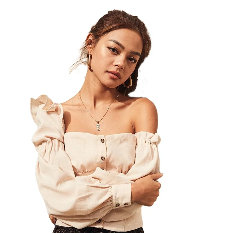 

Candice New Casual Style Long Ruffled Puff Sleeve Chiffon Blouse Ladies Shirt Tops Crop Top Shirts