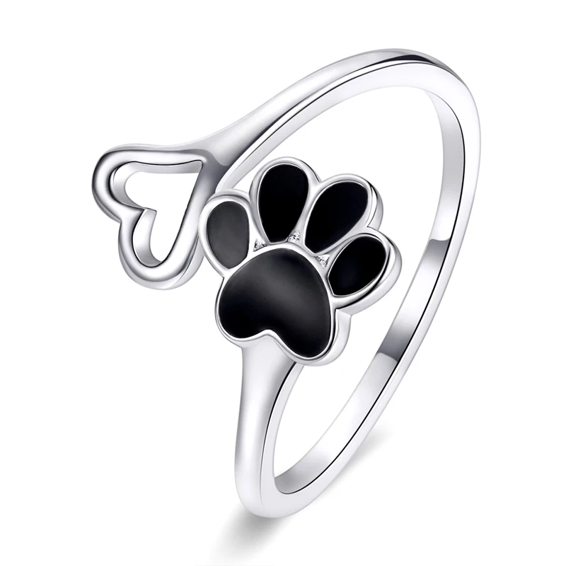 

S925 ring open adjustable black enamel animal paw print love heart platinum plated sterling silver ring girl jewelry