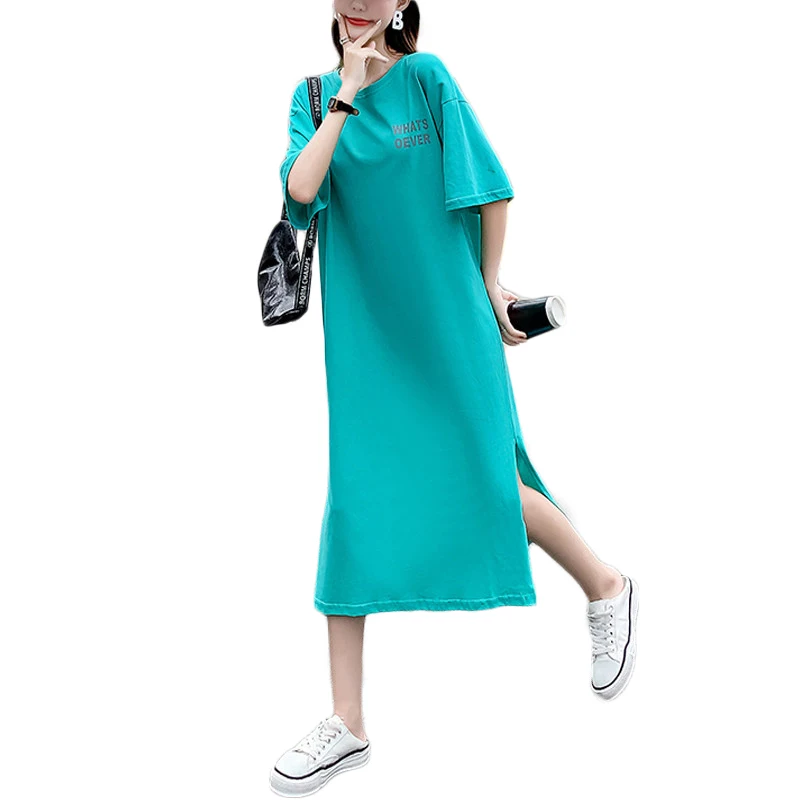 

Hot Sale korea Fashion Summer Plain Short Sleeve Long Dress Ladies Oversized Cotton Letter Print Casual Split T Shirt Dresses