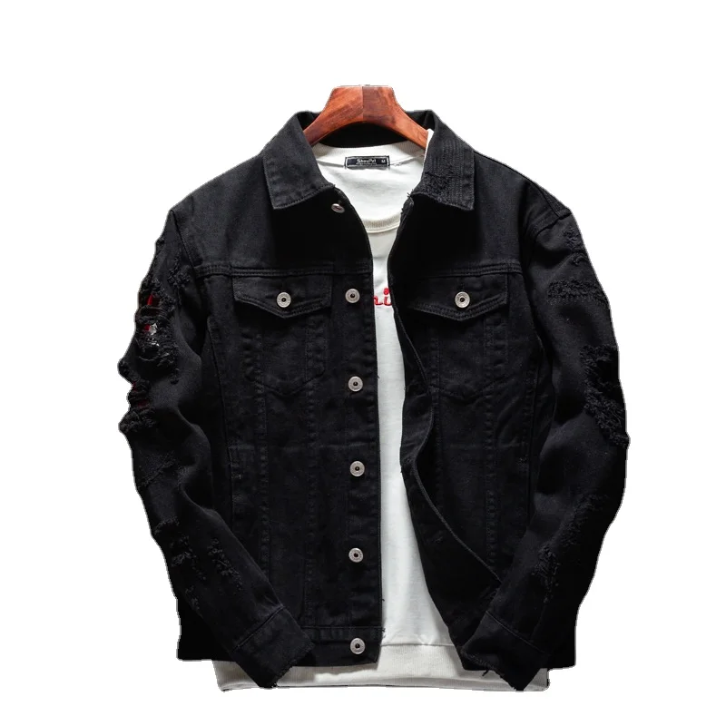 

New style mens denim jacket long sleeves oversized popular casual bomber jean jacket ripped