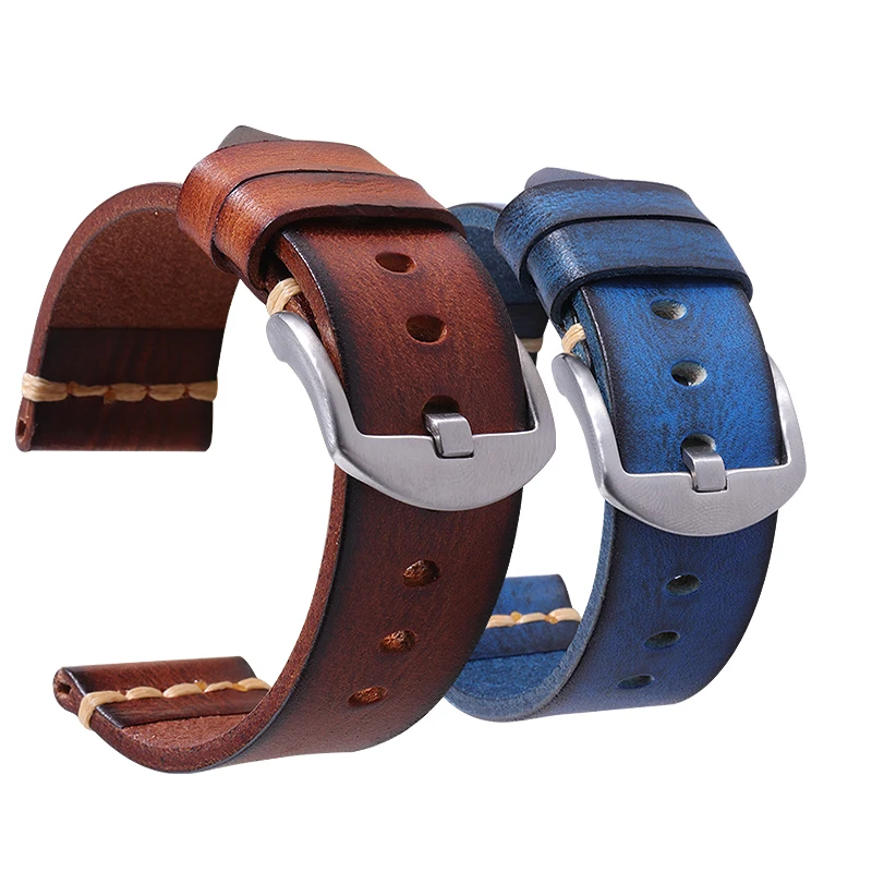 

2021 New fashion Vintage Genuine vegetable tanned leather watch bands for watches, Royal blue/red/gray black/yellow brown/dark brown/elephant gray