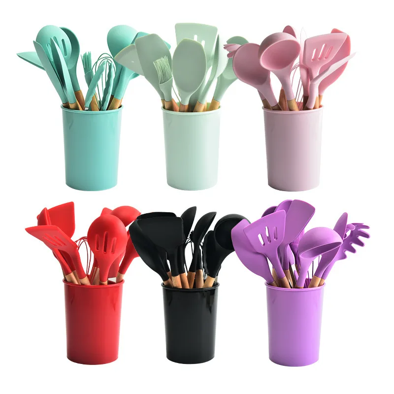 

Silicone Kitchen Utensil 12 Pcs With Turner Spatula Soup Ladle Brush Long Wooden Handle, Black