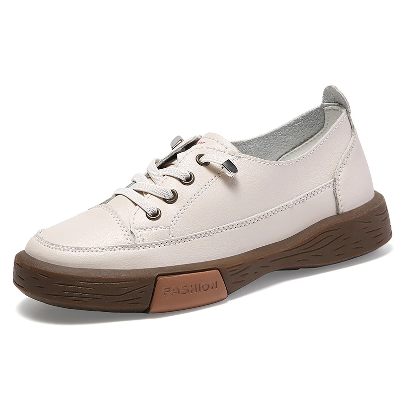 

Sports Ladies Natural Leather Flat Ballerina Flats Lace Up Soft Sole Ladies Sneakers Casual Shoes, White
