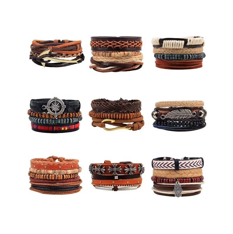 

Vintage men alloy anchor rudder hook palm feather charms multilayer leather ropes bracelets set in bracelets & bangles, Various