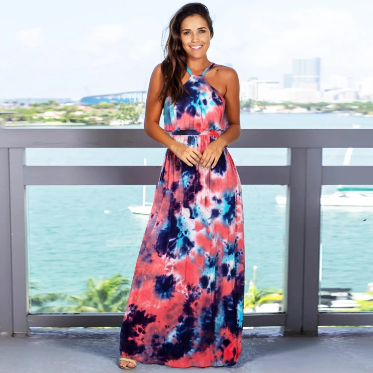 

2020 New Europe America Popular Tie Dye Halter Summer Long Dresses Women Lady Elegant