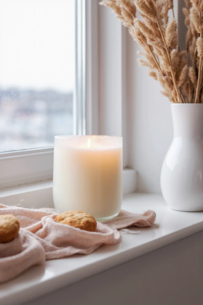 Holiday window candle setup with Christmas decorations