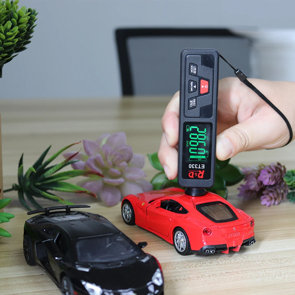 
R&D ET330 car paint coating thickness gauge Fe & NFe probe film thickness tester mini style black shell and green color display 